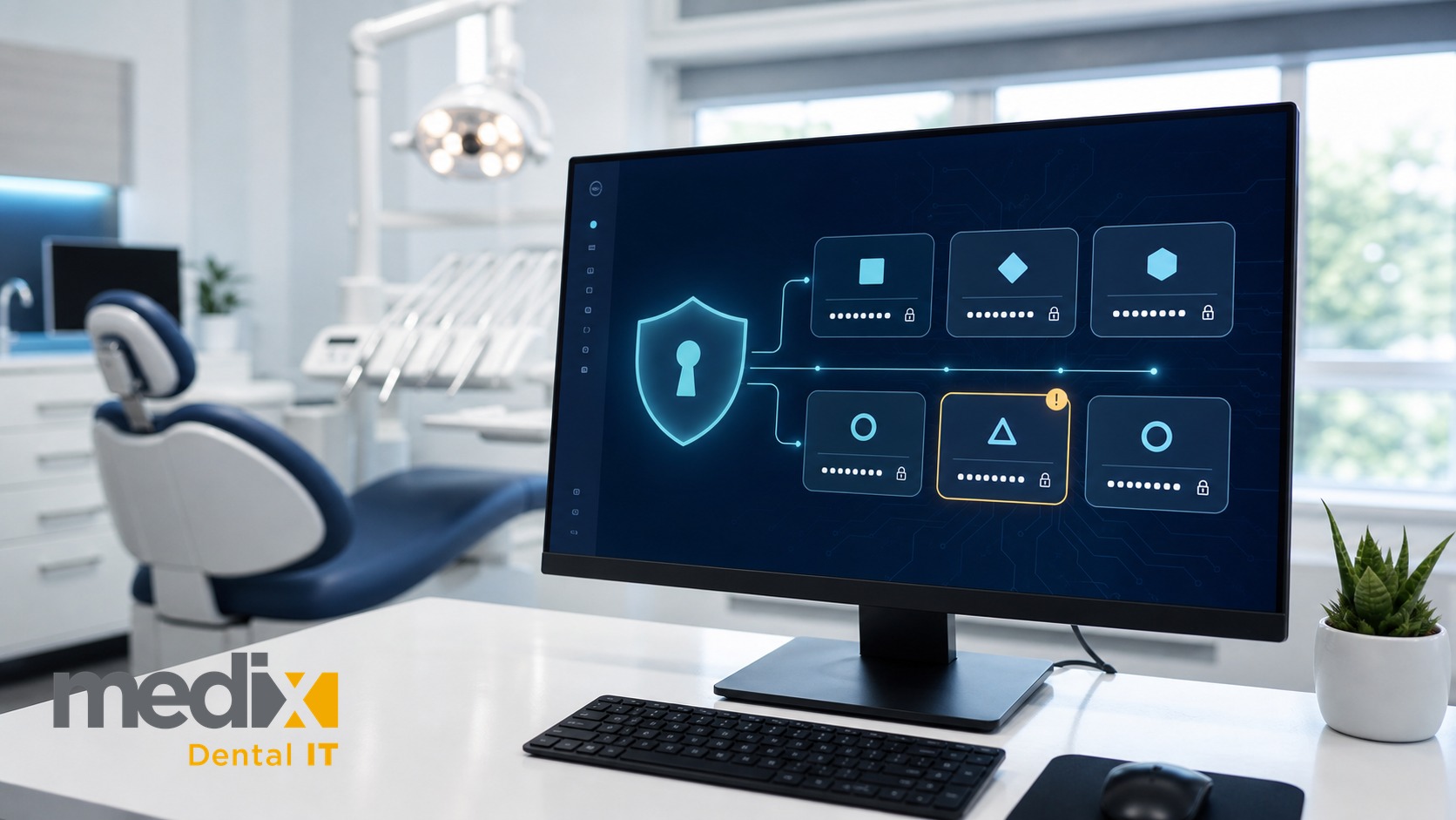 Dental office workstation showing a secure credential vault dashboard with masked password fields for multiple practice portals