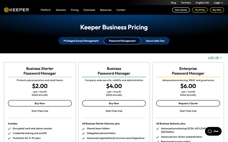 Keeper business password manager pricing page screenshot