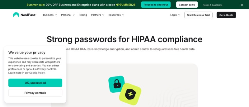 NordPass HIPAA business associate agreement page screenshot