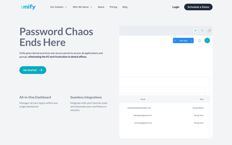 Unify dental password manager homepage screenshot