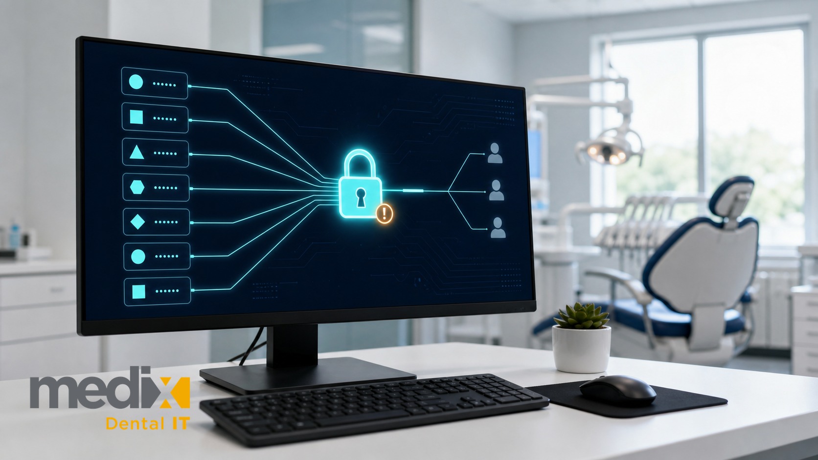 Dental office monitor showing multiple payer portal logins funneling through a single padlock to a waiting billing team