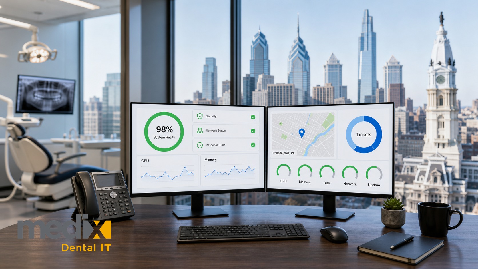 Dental office IT dashboard on dual monitors with the Philadelphia skyline in the window behind