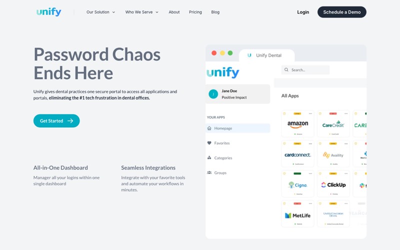 Unify Dental password manager homepage screenshot showing payer portal tiles