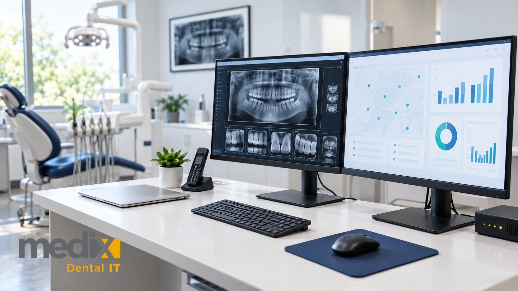 Dental office workstation showing a dental imaging viewer with a panoramic X-ray and intraoral radiographs beside a multi-location dashboard