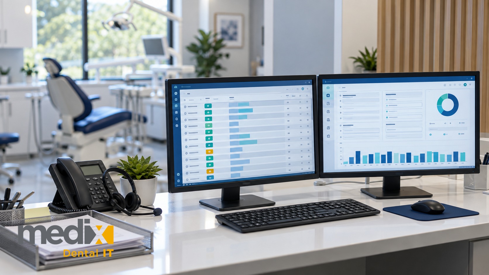 Dental practice front office workstation showing patient schedule and insurance benefits detail on dual monitors