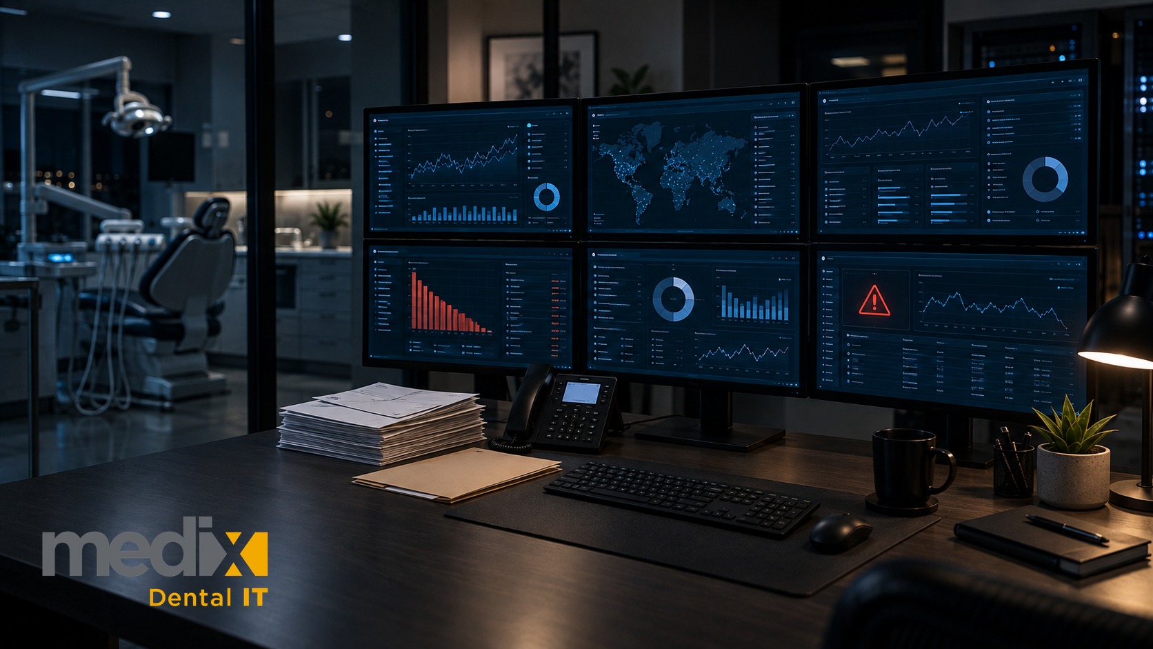 Dental practice back office at night with a wall of monitors showing an incident dashboard and a stack of printed patient notification letters on the desk