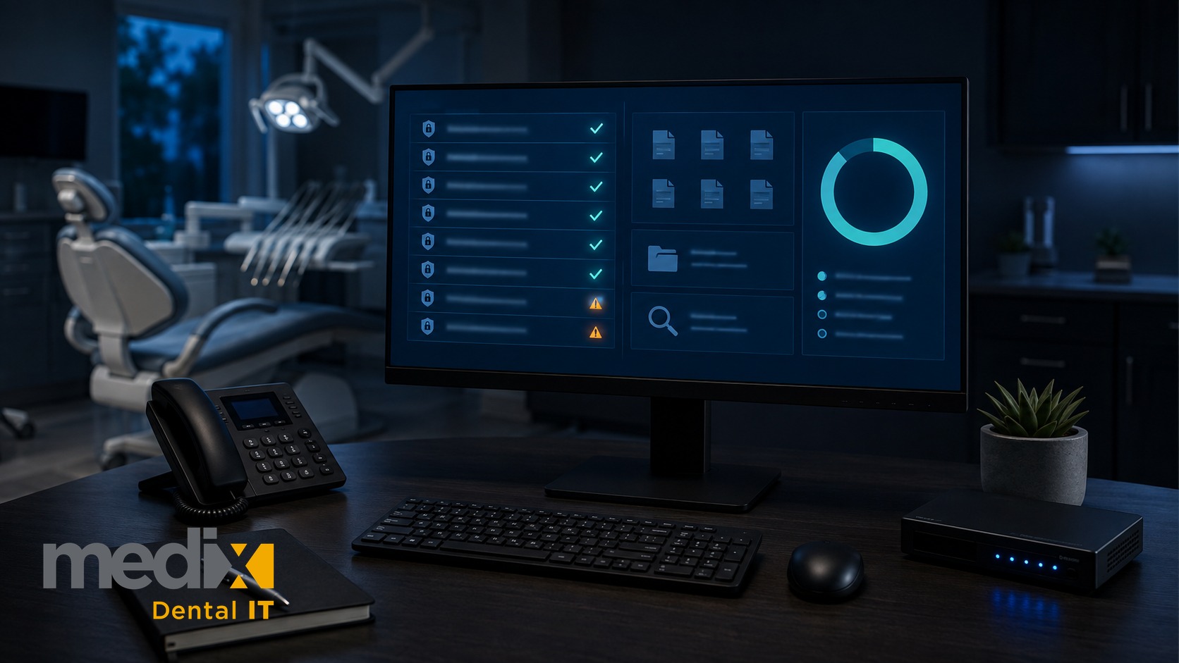 Dental office desk after hours with a monitor showing a security checklist of controls, evidence documents and a completion gauge