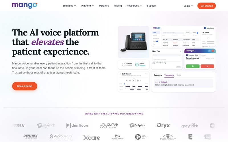 Mango Voice homepage screenshot showing its dental phone platform and supported practice management software logos