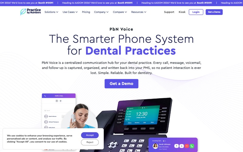 PbN Voice page screenshot describing calls and voicemails written back into the practice management system
