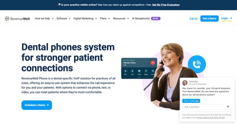 RevenueWell dental phone system page screenshot describing its dental-specific VoIP product