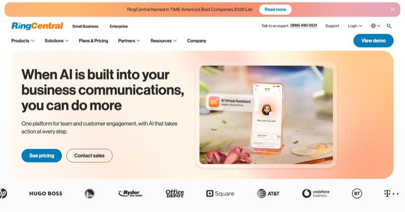 RingCentral homepage screenshot showing its general business communications platform