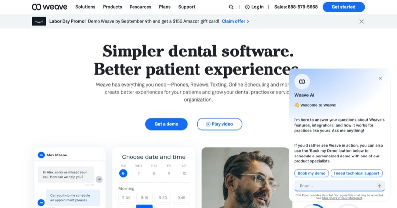 Weave dental software homepage screenshot showing phones, reviews, texting and online scheduling