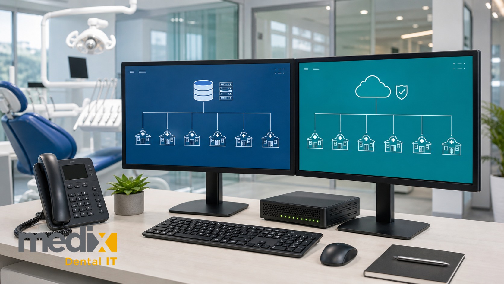Dental office IT desk with two monitors comparing a self-hosted central database and a cloud platform connected to six clinic locations