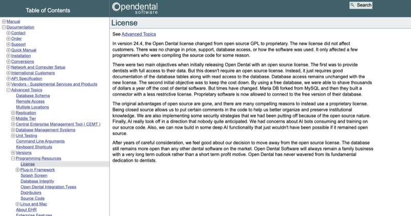 Open Dental license page stating that in version 24.4 the license changed from open source GPL to proprietary and database access remains unchanged