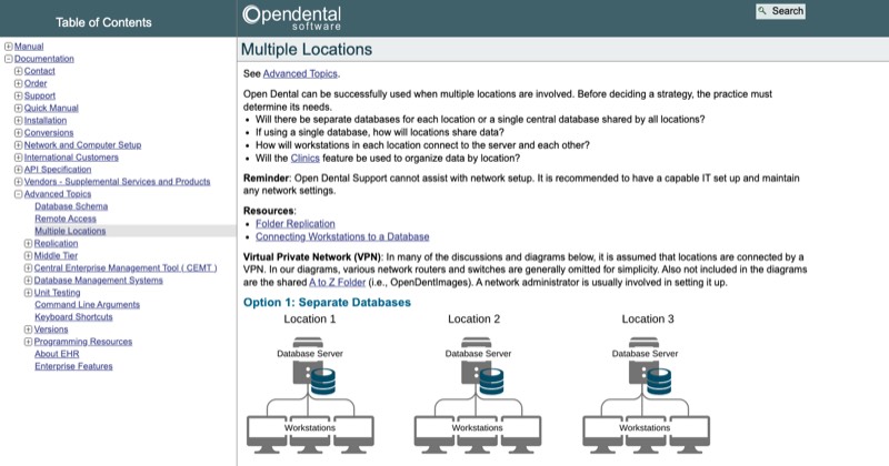 Open Dental multiple locations page showing the separate database topology and the reminder that Open Dental Support cannot assist with network setup