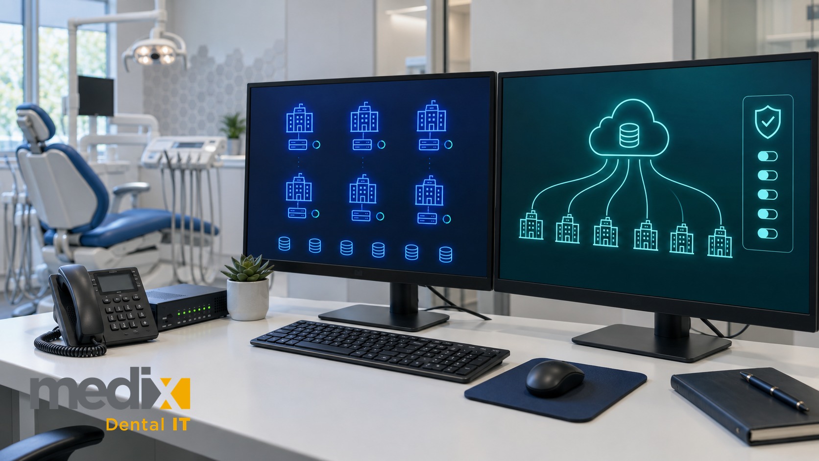 Dual monitors in a dental office showing six separate office servers on one screen and a single centralized cloud database serving six locations on the other