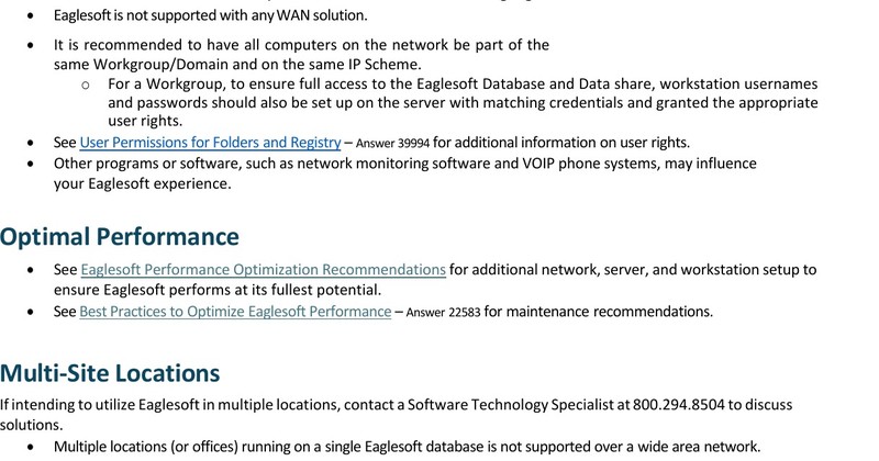 Patterson Eaglesoft hardware requirements document stating that Eaglesoft is not supported with any WAN solution and that multiple offices running on a single Eaglesoft database is not supported over a wide area network