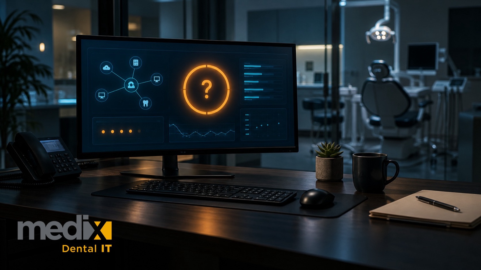 Dental practice back office at night with a security dashboard on screen showing an amber unverified status ring and a vendor connection map, representing an unconfirmed breach claim against a dental billing vendor
