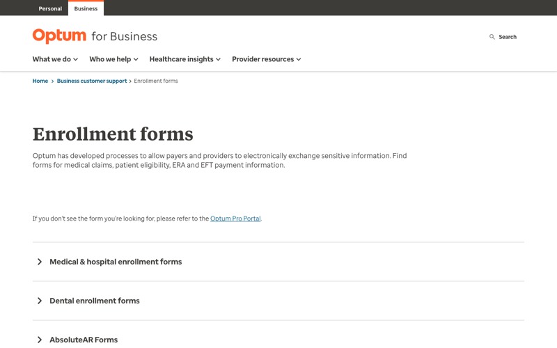 Optum enrollment forms page screenshot - dental claims enrollment