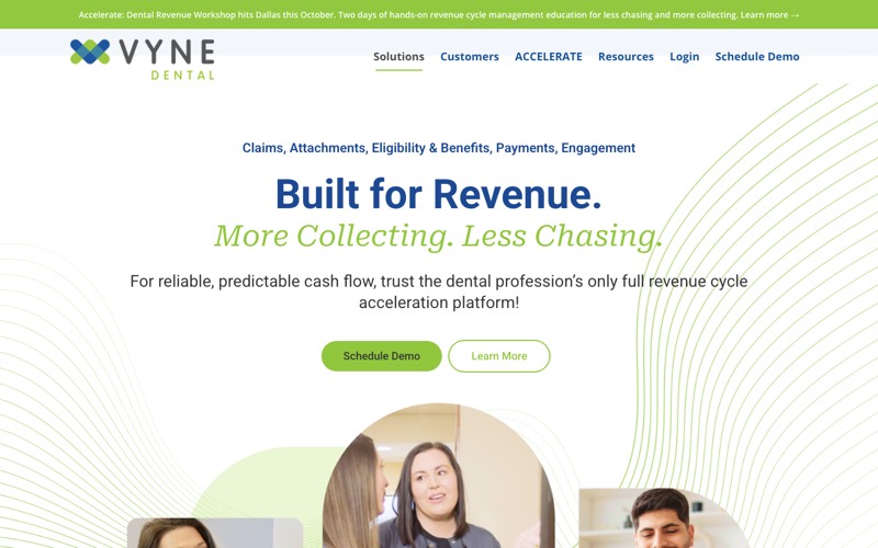 Vyne Dental homepage screenshot - dental clearinghouse and attachments