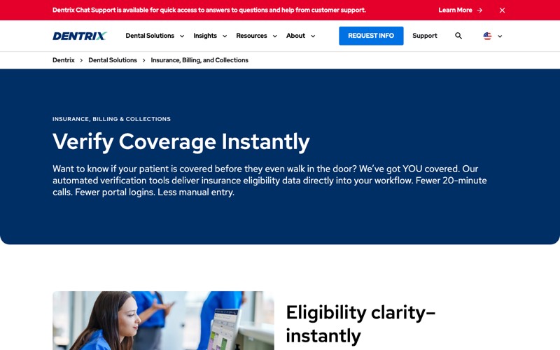 Dentrix Verify Coverage Instantly page screenshot - Dentrix Eligibility Pro insurance verification