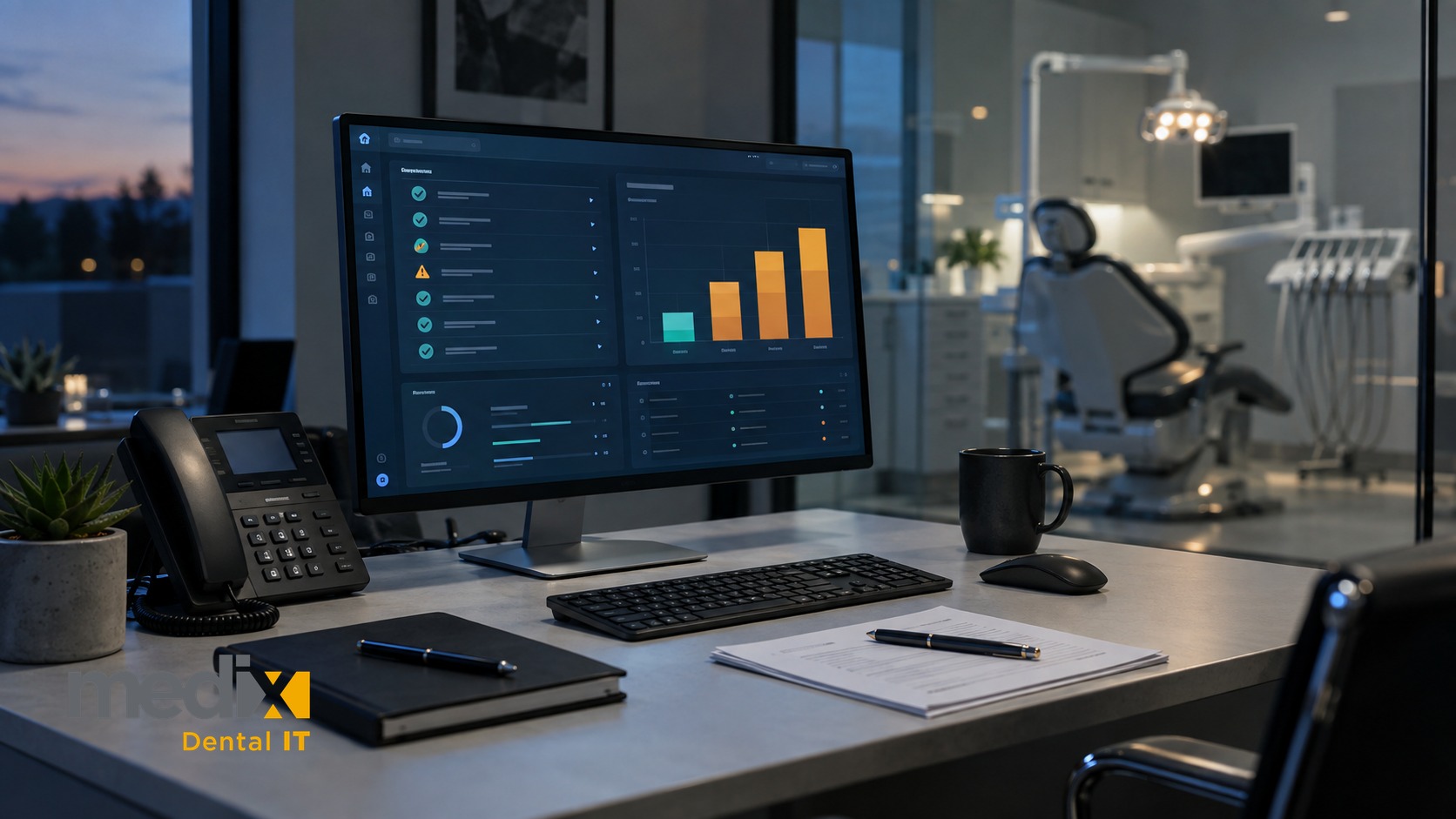 Dental practice business office at dusk with a vendor evaluation dashboard on screen and contract pages on the desk