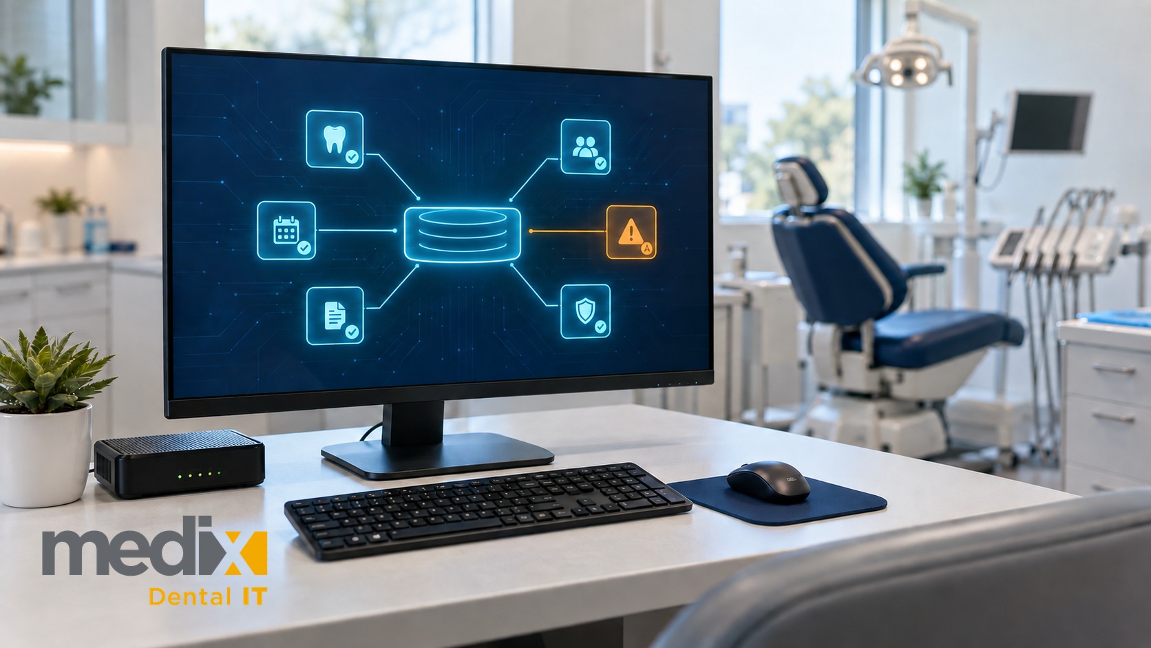 Dental practice workstation showing an Open Dental integration map with five approved connections and one flagged connection