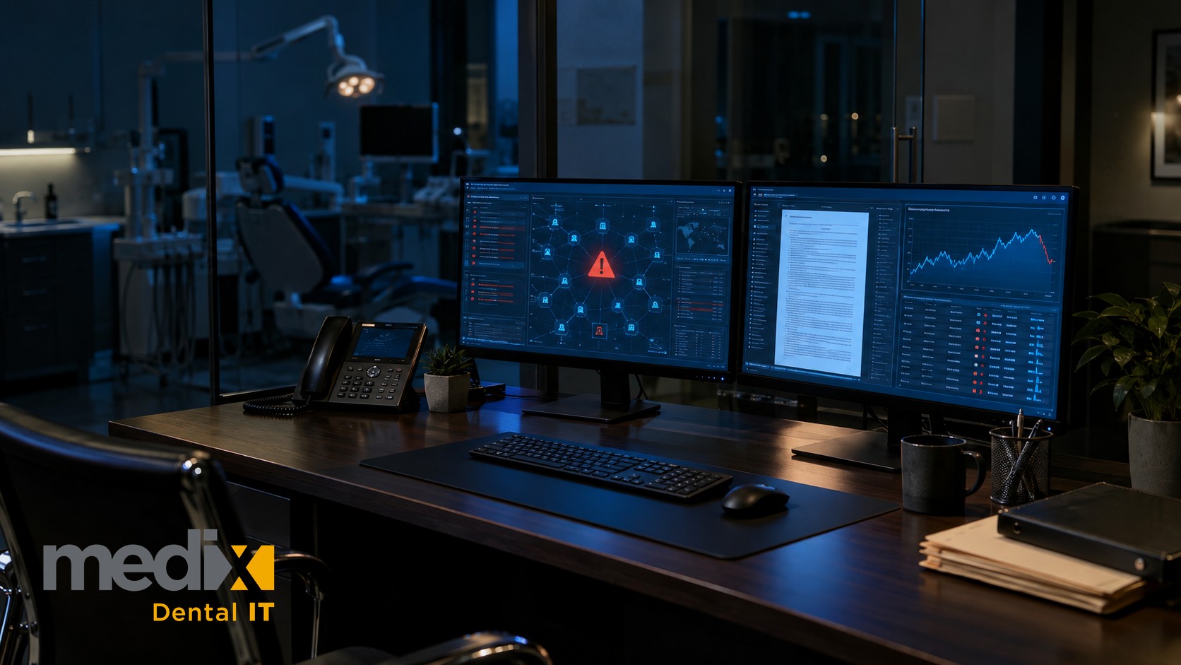 Dark dental practice back-office at night with dual monitors showing a security alert dashboard and a regulatory filing with a stock chart, a blurred dental operatory behind glass