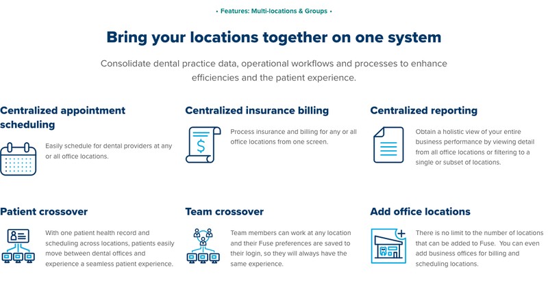 Patterson Fuse product page showing multi-location and group features including centralized reporting, patient crossover, team crossover and adding office locations