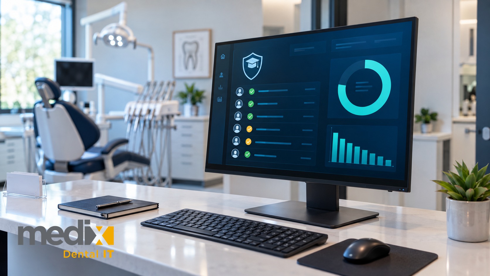 Dental office front desk monitor showing a security awareness training completion dashboard with per-person progress
