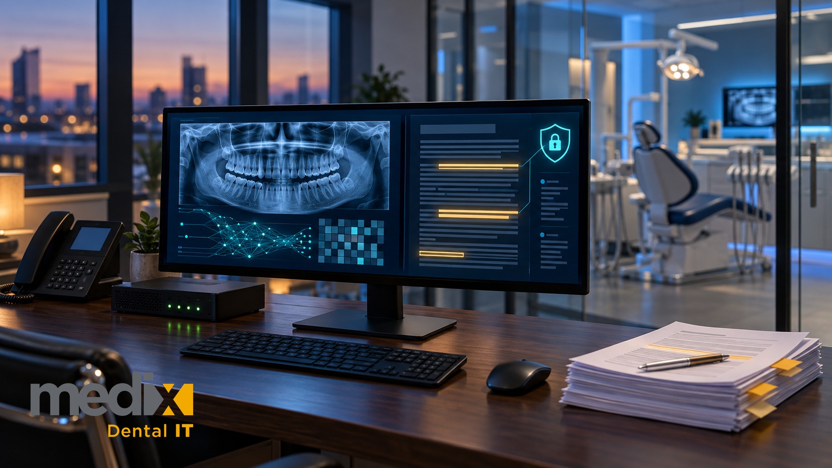 Dental office desk with a monitor showing a dental X-ray, an AI data network and a contract with highlighted clauses
