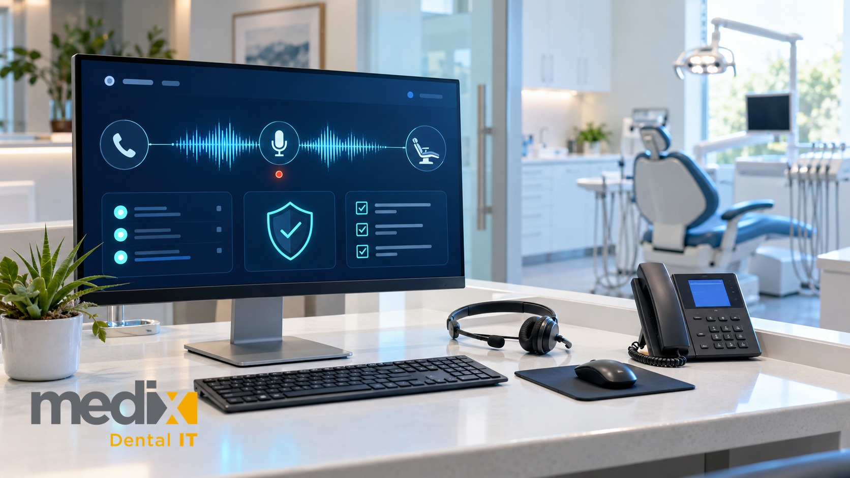 Dental office front desk with a VoIP phone and headset and a monitor showing a call recording dashboard with a consent checklist, dental operatory in the background