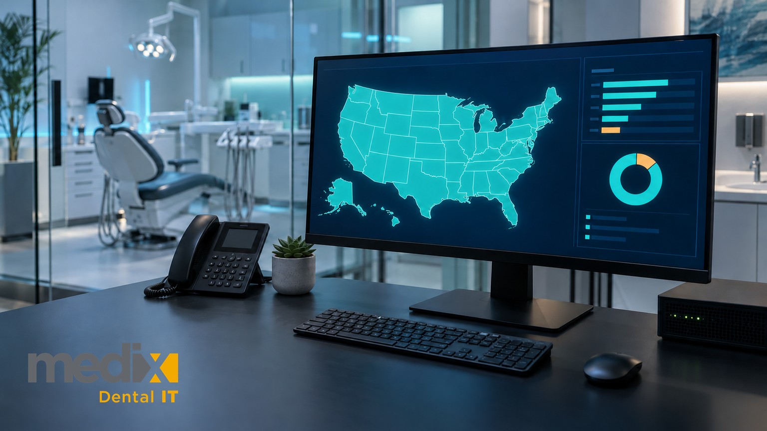 Dental office desk with a monitor showing a map of U.S. states