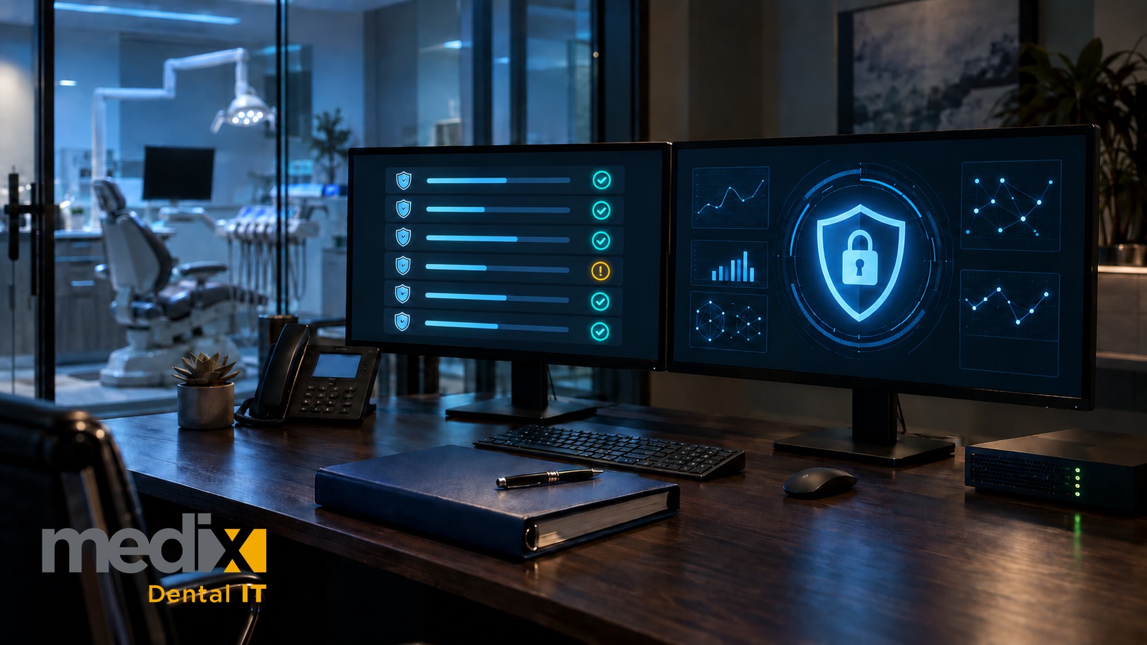 Dental office workstation with a security controls checklist on one monitor and a cybersecurity dashboard on the other