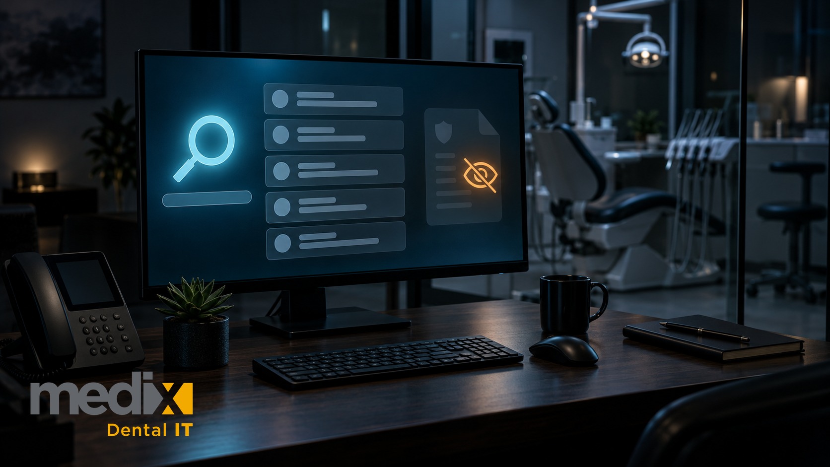 Dental office front desk at night with a monitor showing search results and a breach notice hidden from view