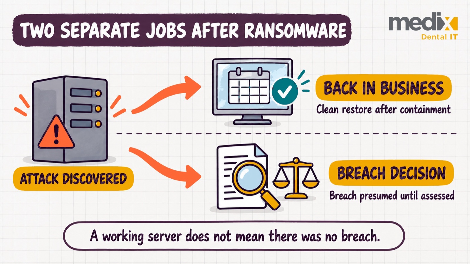 Diagram showing a discovered ransomware attack splitting into two separate jobs: restoring the practice in a clean environment after containment, and a breach decision where a breach is presumed until a documented assessment is done