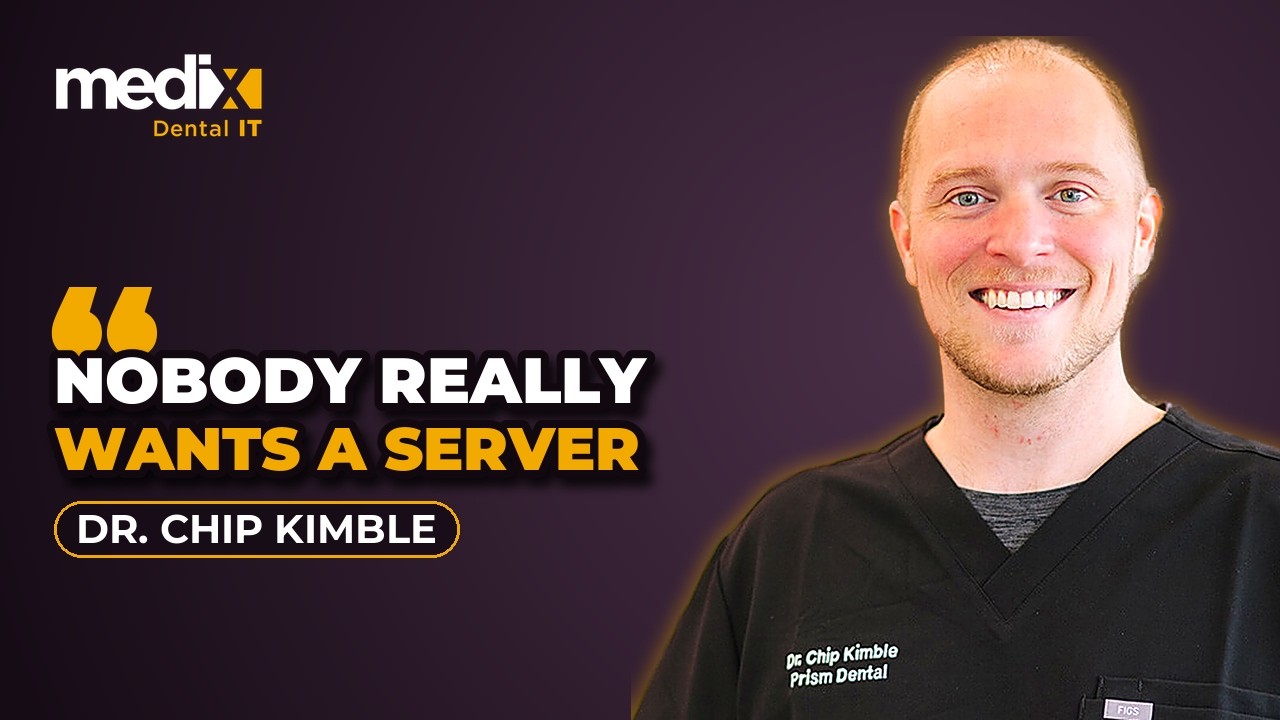 Dr. Chip Kimble of Prism Dental, a Medix Dental IT client, beside his quote Nobody really wants a server